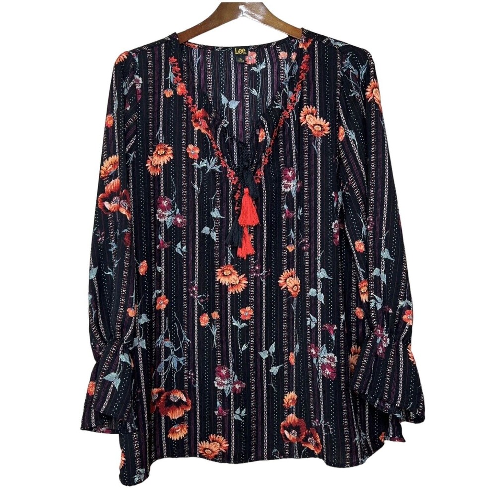 Women’s Lee Long Sleeve Top Black w/Multicolor Floral Print, Tassel Tie,  XL